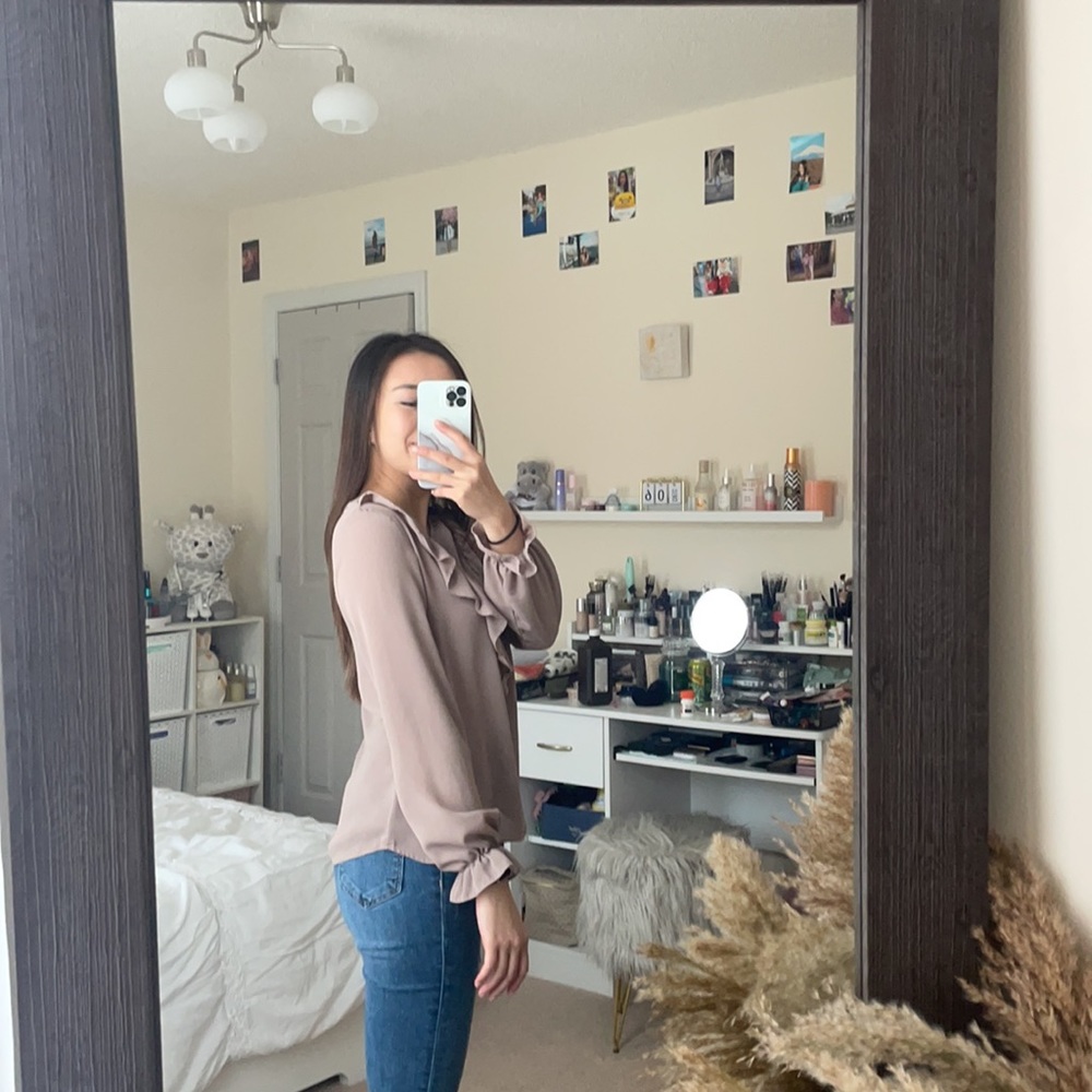 XS Tan Blouse with Ruffles - Picture 2 of 3